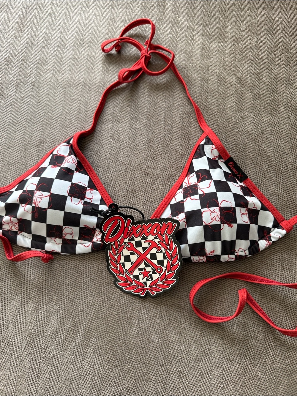 DIXXON Black and White Checkerboard Triangle Bikini Top with Burnt/ Red Trim NWT